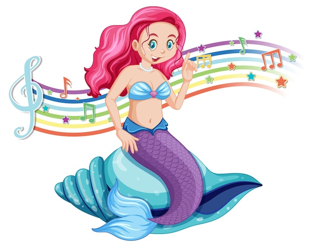 Free vector beautiful mermaid with melody symbols on rainbow