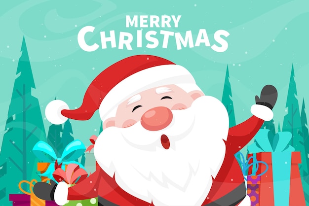 Beautiful merry christmas card with happily santa claus with preset box with pine tree