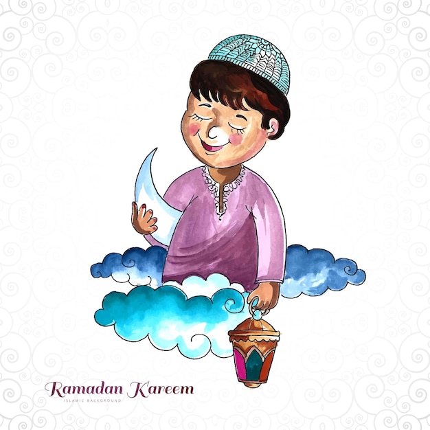 Beautiful muslim boy holding lantern ramadan kareem card design