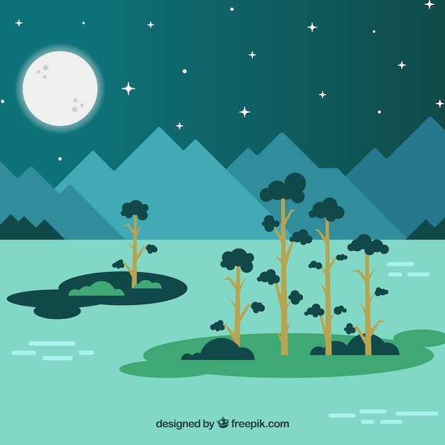 Free Vector beautiful night landscape of sea and trees