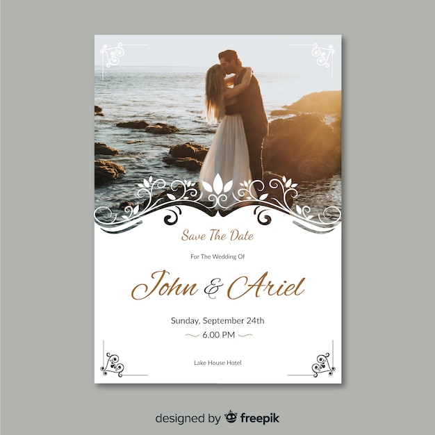 Free Vector beautiful ornamental wedding invitation template with photo