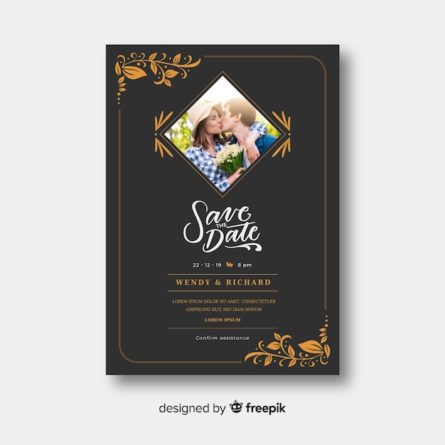 Beautiful ornamental wedding invitation template with photo