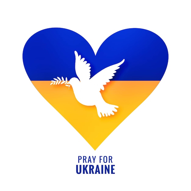 Beautiful peace heart and dove bird with pray for ukraine flag theme design