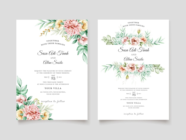 Beautiful peony blooming flower watercolor wedding cards template