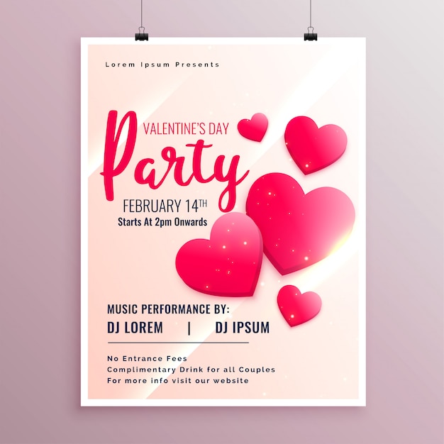 Free Vector beautiful pink hearts valentines day party flyer