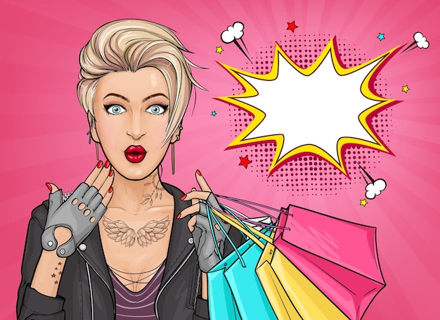 Beautiful pop art illustration of a surprised tattooed woman holding shopping bags