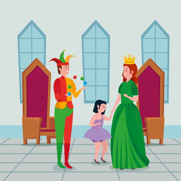 Beautiful princess with joker and fairy in castle