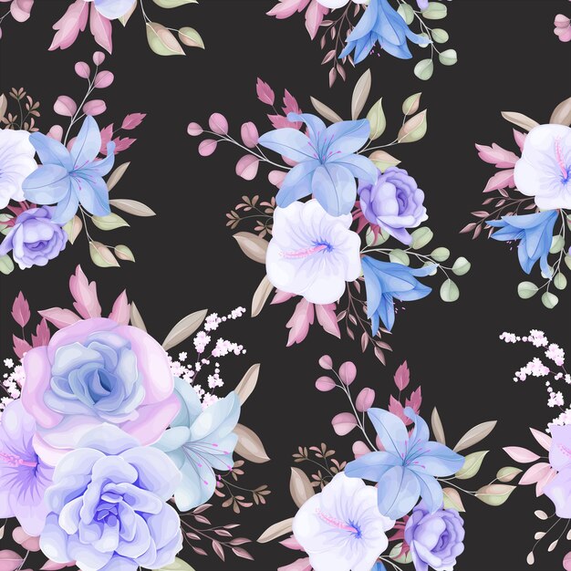 Beautiful purple and blue floral and leaves seamless pattern design