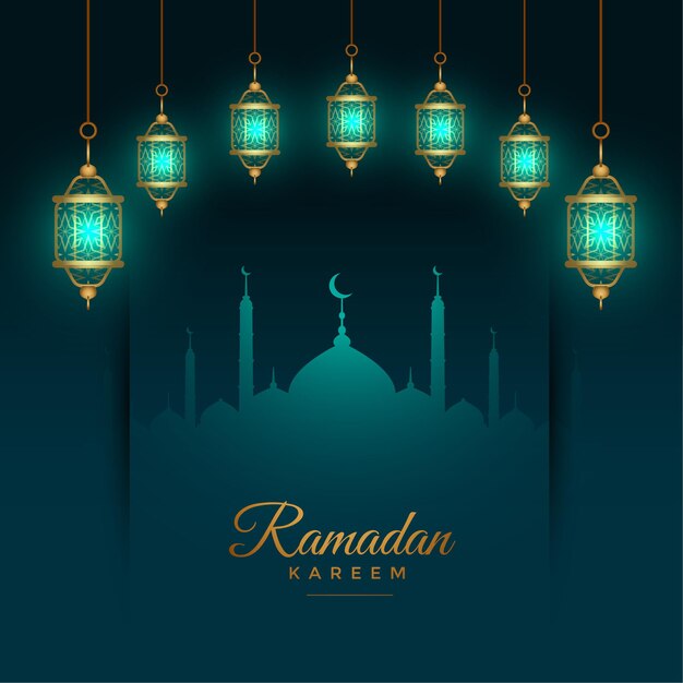 Beautiful ramadan kareem background with glowing islamic lanterns