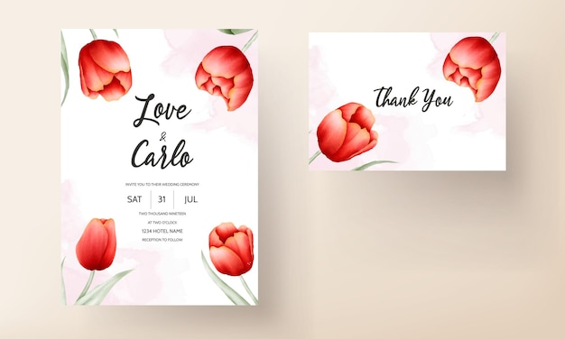 Beautiful red tulip flower wedding card template