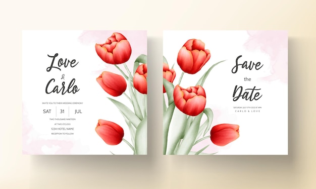 Beautiful red tulip flower wedding card template