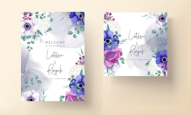 Free vector beautiful rose and anemone flower wedding invitation card template