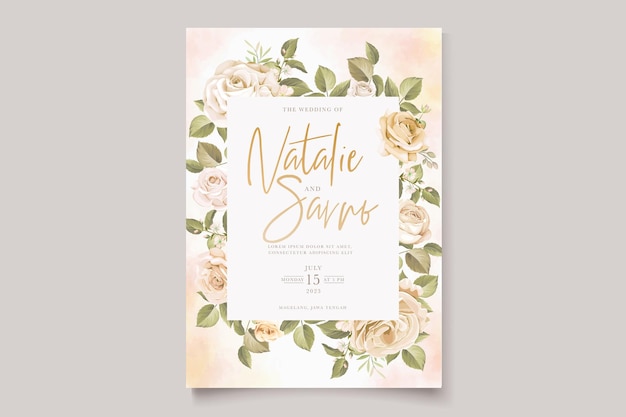 beautiful roses flower and leaves wedding invitation card set