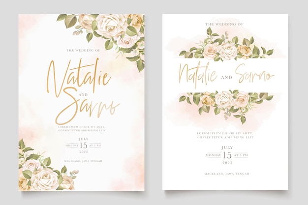 beautiful roses flower and leaves wedding invitation card set