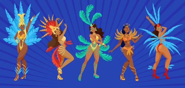 Beautiful samba dancers cartoon illustration set. Girls in carnival costumes dancing on parade in Rio, Brazil. Female people on blue background. Hobby, party, entertainment concept