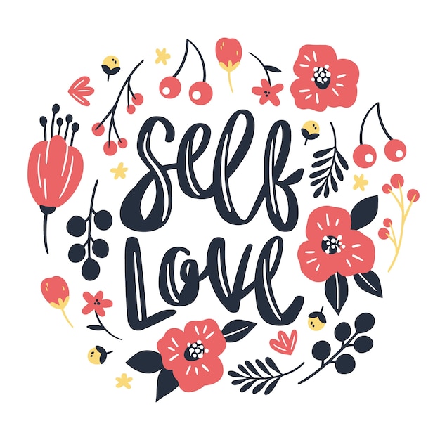 Free Vector beautiful self love lettering with red flowers