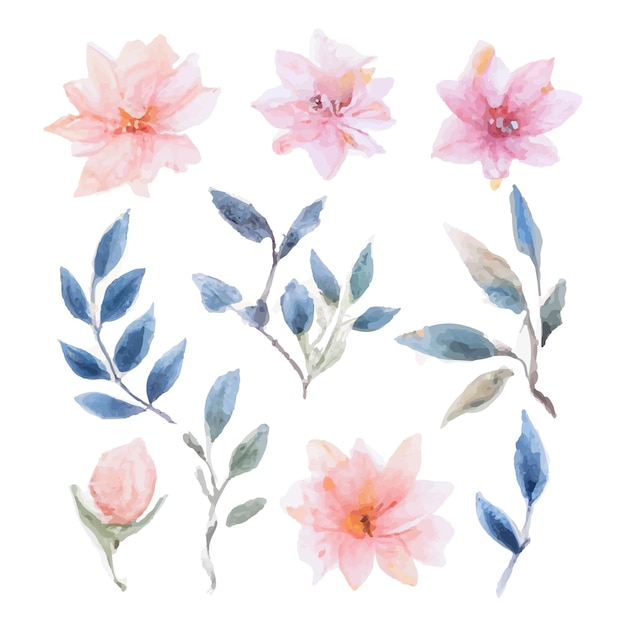 Free Vector beautiful set of bouquet of watercolor flowers and leaves. watercolor floral elements