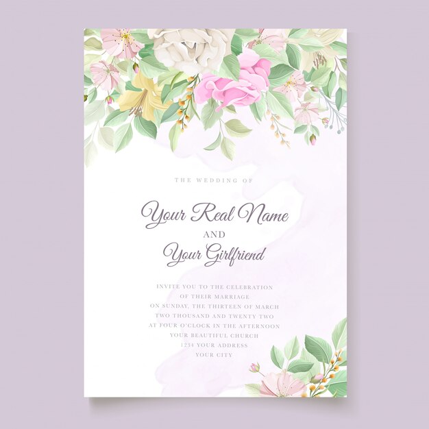 beautiful soft floral and leaves wedding invitation card set