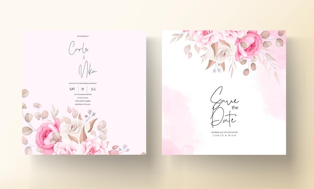 Beautiful soft peach and brown floral wedding invitation template