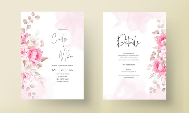 Beautiful soft peach and brown floral wedding invitation template