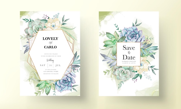 Beautiful succulent flower watercolor wedding invitation card set