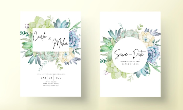 Beautiful succulent flower watercolor wedding invitation card set