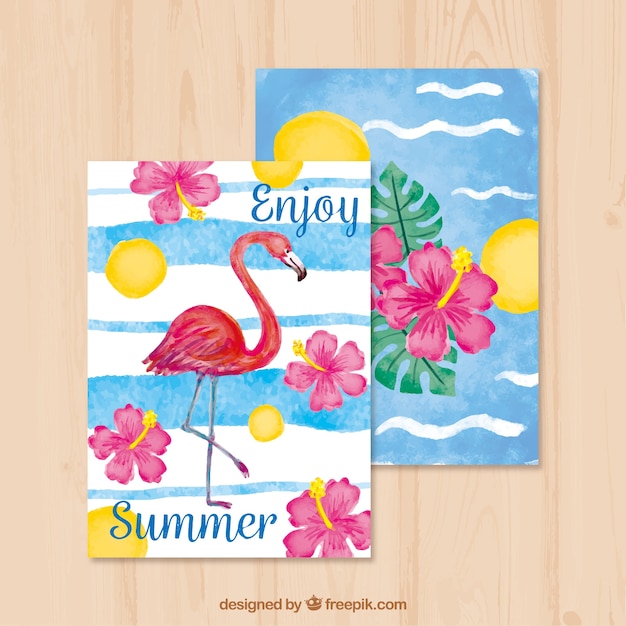 Free Vector beautiful summer watercolor cards with flamenco and flowers