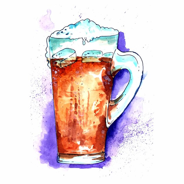 Beautiful two mugs of beer drinks with a lot of foam watercolor background