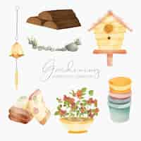 Free vector beautiful water color set of garden tools accessories and plants