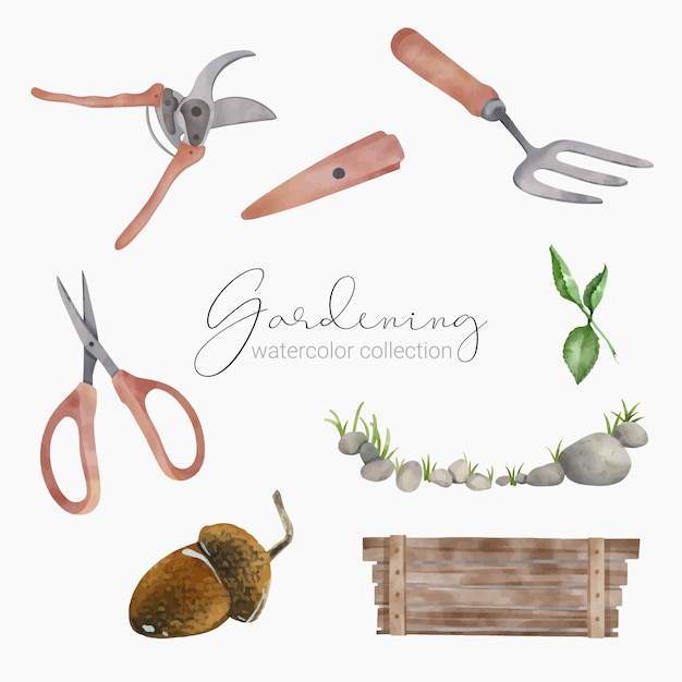 Free Vector beautiful water color set of garden tools accessories and plants