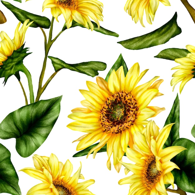 Free vector beautiful watercolor blooming sunflower floral seamless pattern