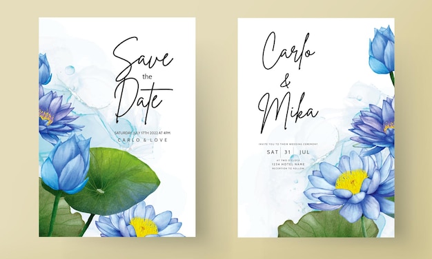 Beautiful watercolor blue lotus flower invitation card