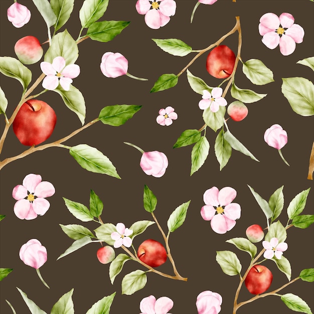 Free Vector beautiful watercolor botanical apple and pink floral seamless pattern