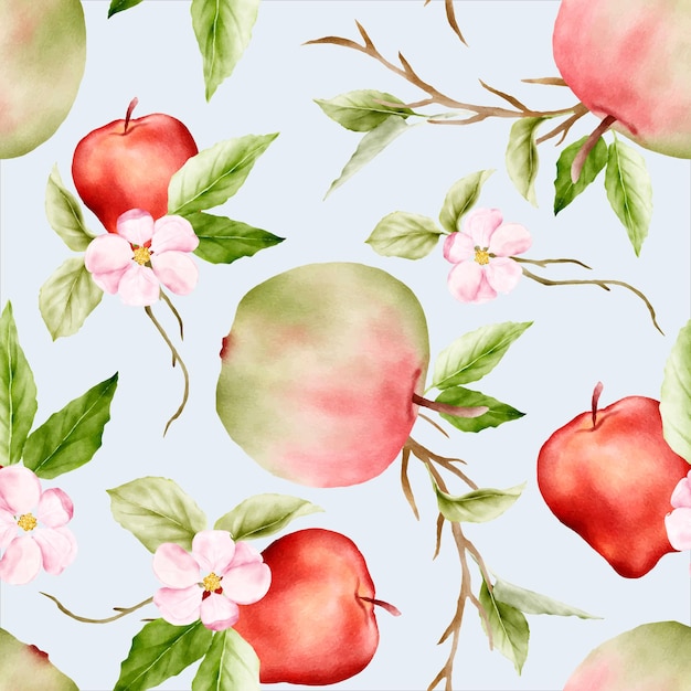 Free Vector beautiful watercolor botanical apple and pink floral seamless pattern