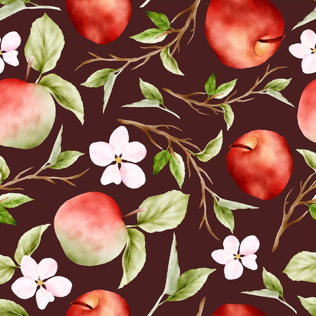 Free Vector beautiful watercolor botanical apple and pink floral seamless pattern