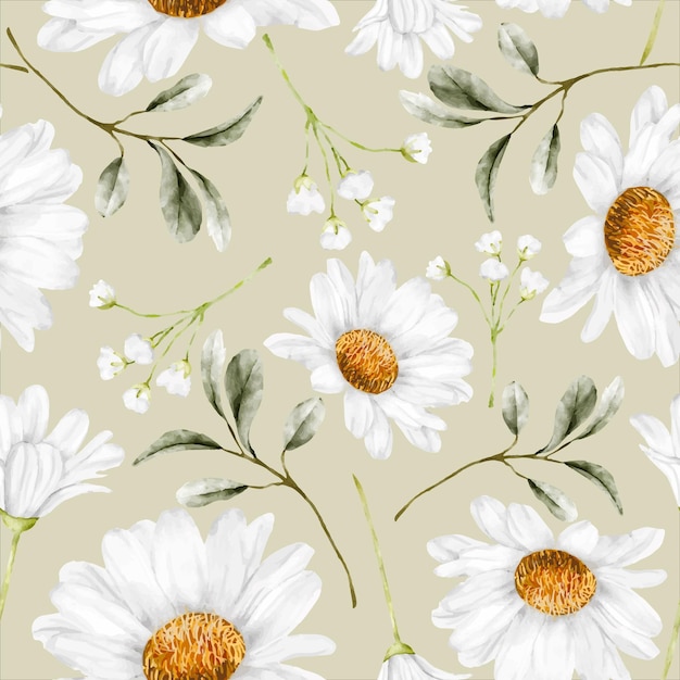 Free Vector beautiful watercolor daisy flower seamless pattern