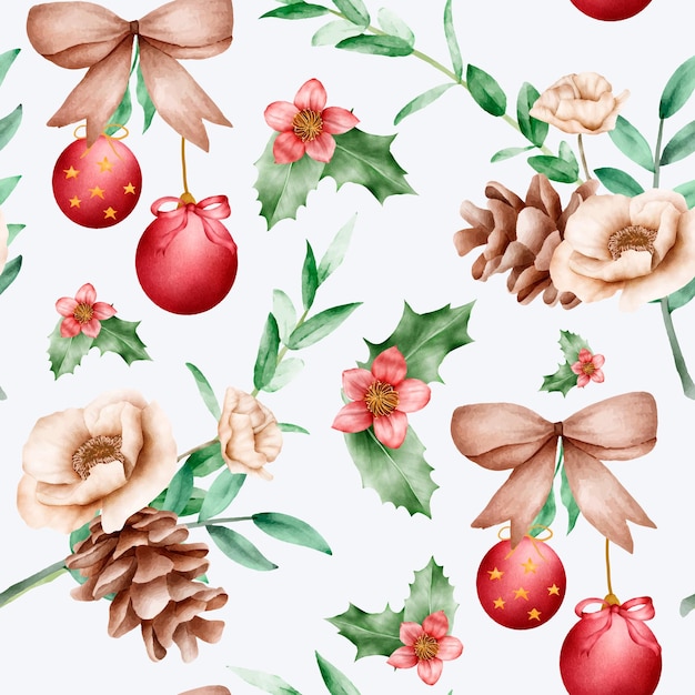 Free Vector beautiful watercolor floral seamless pattern with flower and ornamen christmas