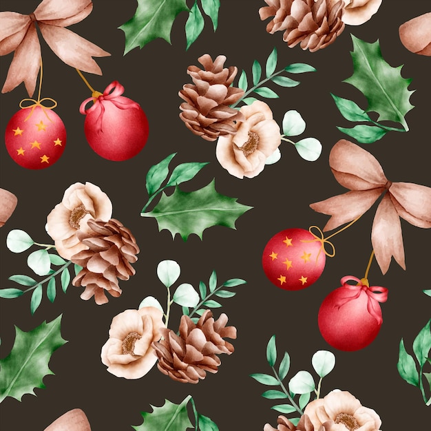 Free Vector beautiful watercolor floral seamless pattern with flower and ornamen christmas