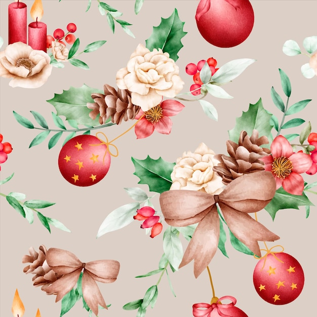 Free vector beautiful watercolor floral seamless pattern with flower and ornamen christmas