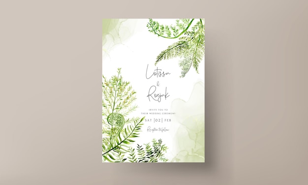 Beautiful watercolor greenery fern leaves wedding invitation card