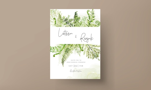 Beautiful watercolor greenery fern leaves wedding invitation card