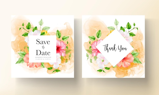 beautiful watercolor hibiscus flower wedding invitation card template