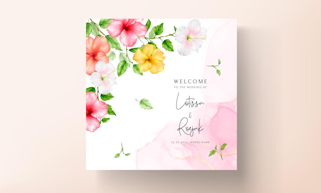 Free vector beautiful watercolor hibiscus flower wedding invitation card template