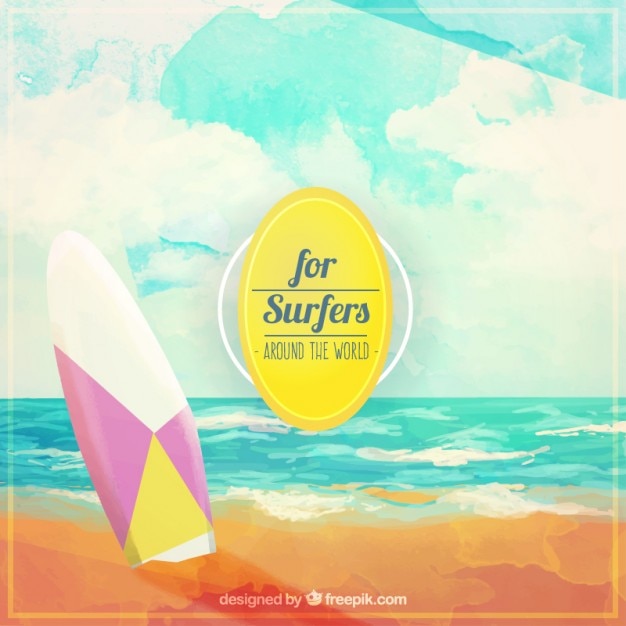 Free Vector beautiful watercolor landscape with a surfboard