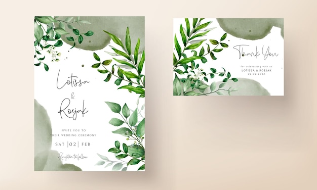 Beautiful watercolor leaves wedding invitation card template