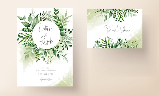 Beautiful watercolor leaves wedding invitation card template