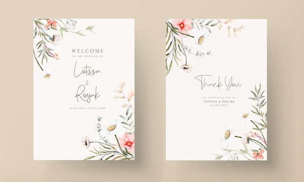 beautiful watercolor wedding invitation card with elegant flower and tiny foliage