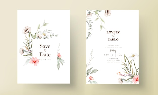 beautiful watercolor wedding invitation card with elegant flower and tiny foliage