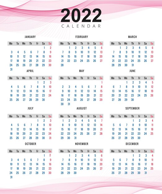 Beautiful wave style 2022 new year calendar design