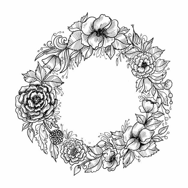 Beautiful wedding circular floral frame sketch design